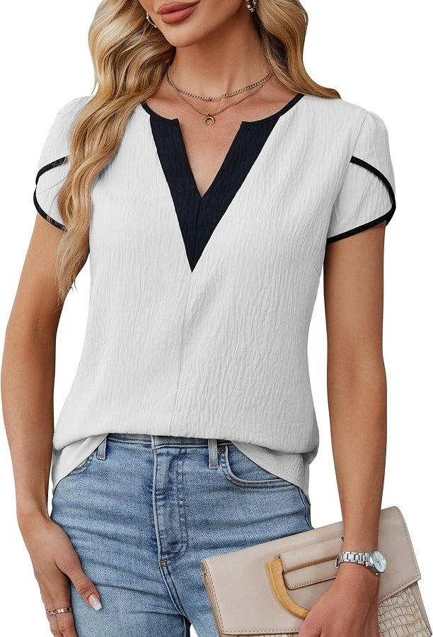 Fashionable Color-Block V-Neck Petal-Shape Short-Sleeve Blouse For Women