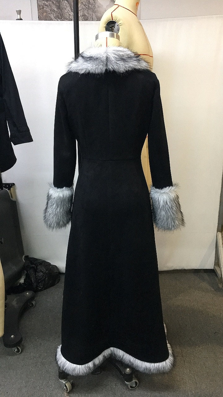 Winter Women's Retro Black Ethnic Style Faux Fur Trim Suede Long Coat