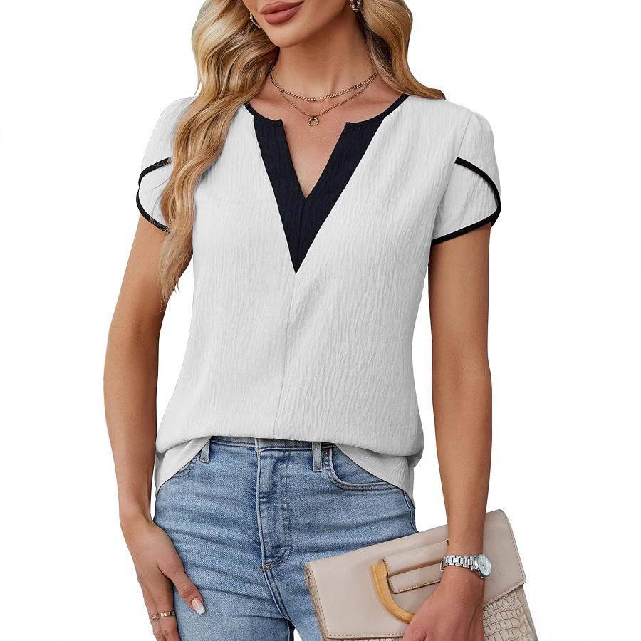 Fashionable Color-Block V-Neck Petal-Shape Short-Sleeve Blouse For Women