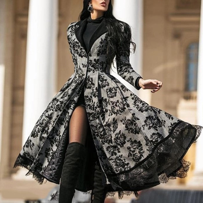Women's Large-Sized Retro Long Coat With Lace Paneling For Autumn And Winter