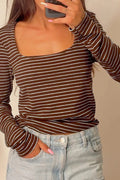 Women's Striped Slim-fit U-neck Long-sleeve Top