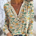 Khaki Floral Print Button Notched V Neck Long Sleeve Top