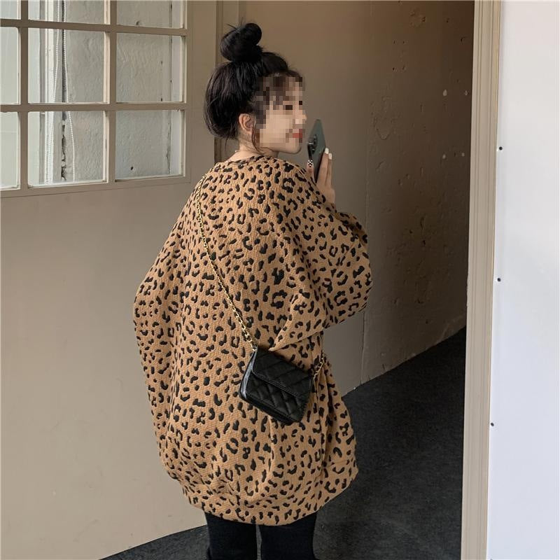 Women's Leopard-print Crewneck Fleece-lined Hoodie
