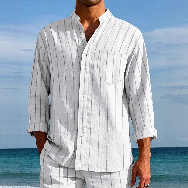 Men's Linen Fashion Shirt Striped Stand-up Collar Loose-fitting Breathable Casual