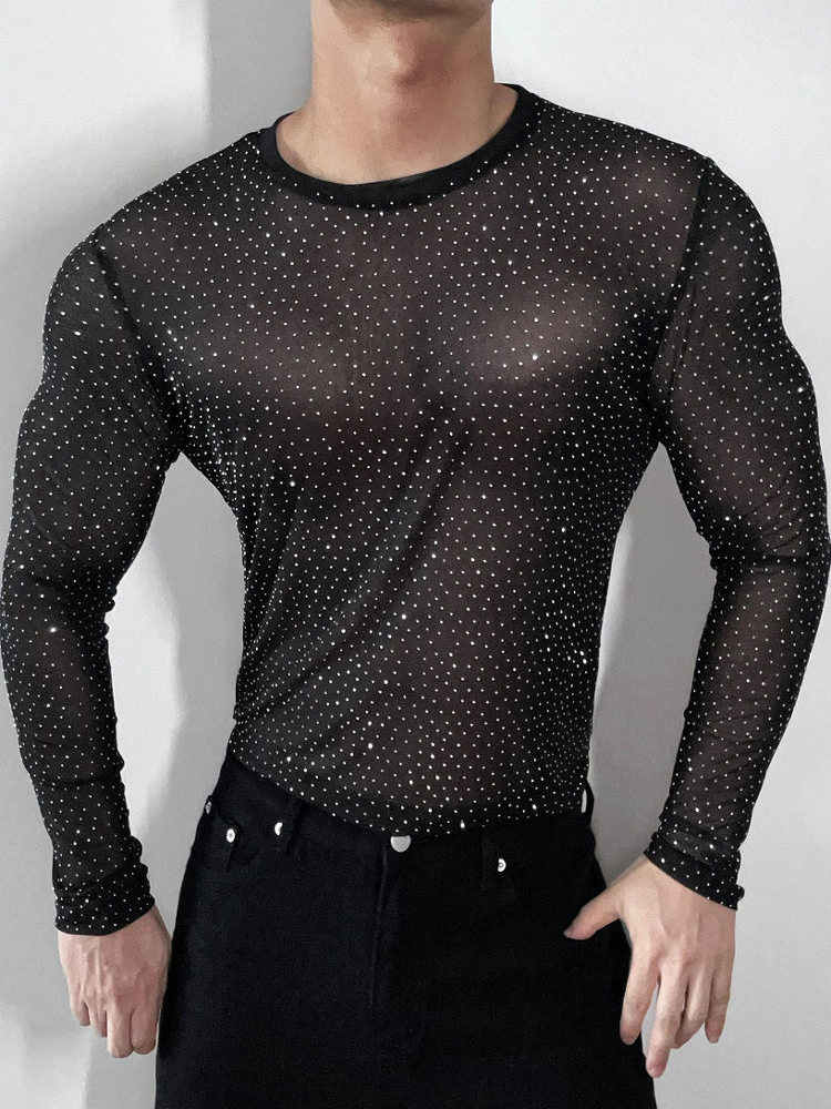 Translucent Mesh Slim Long Sleeve T-shirt